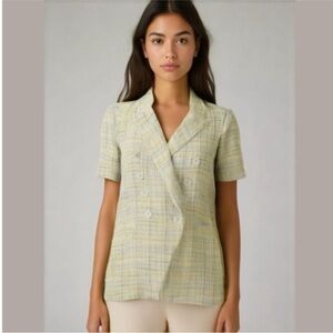 Maison d'Amelie Tweed Blazer Short Sleeve Yellow Blue Plaid